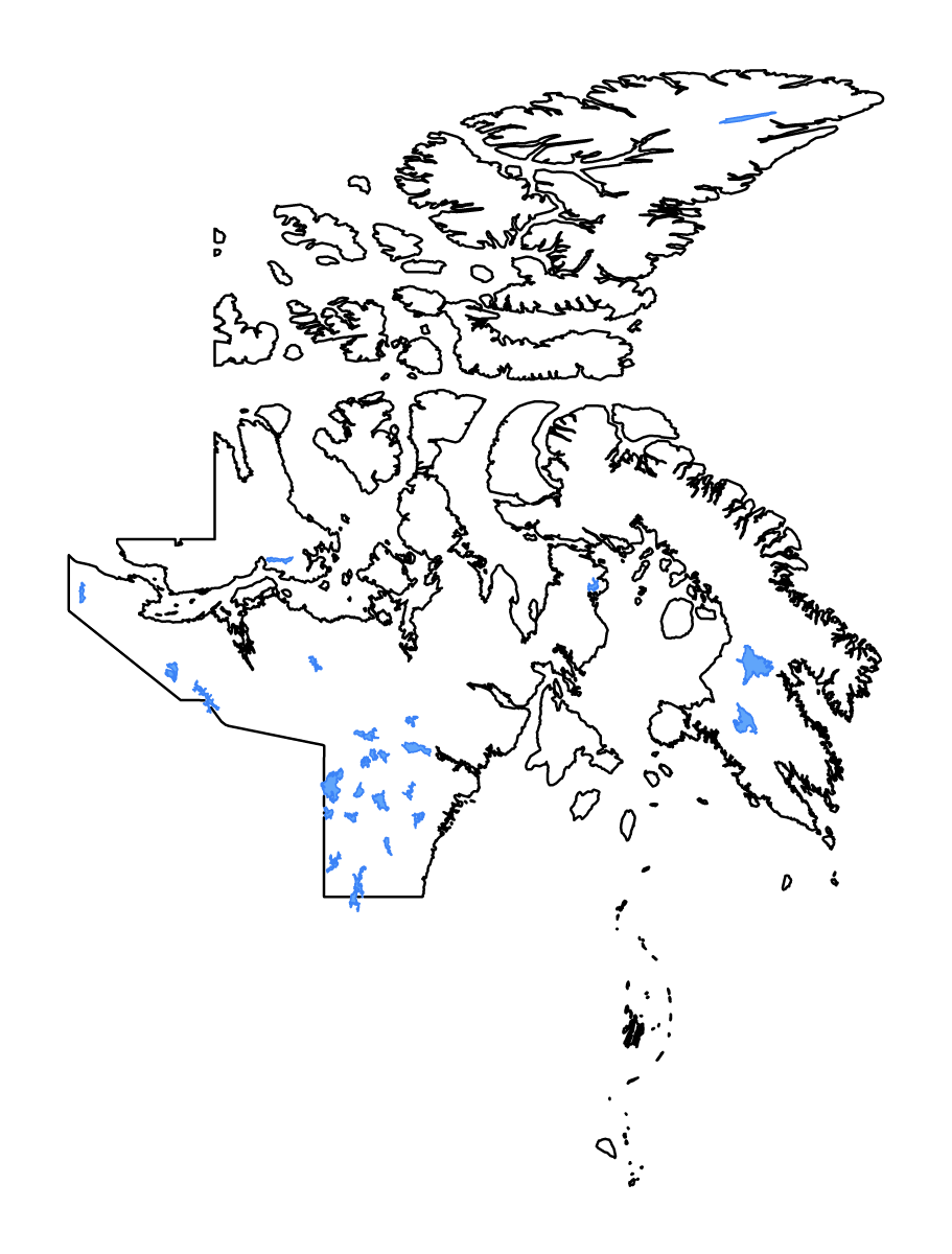 Mapa de contorno de Nunavut, Canada con lagos y ríos.