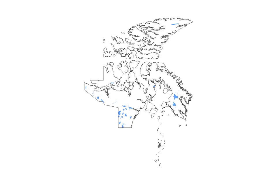 Outline map of Nunavut, Canada with subdivision borders and major lakes and rivers.