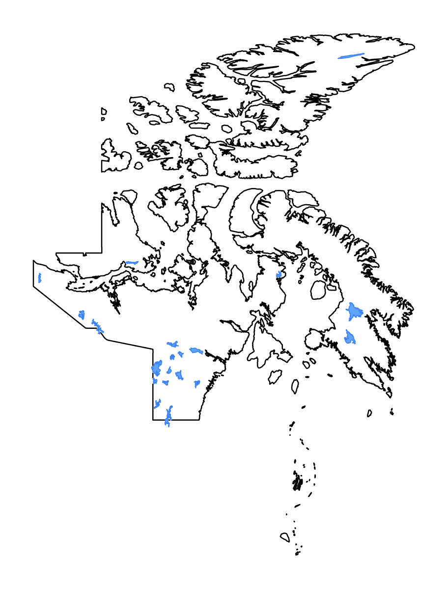 Mapa de contorno de Nunavut, Canada con lagos y ríos.