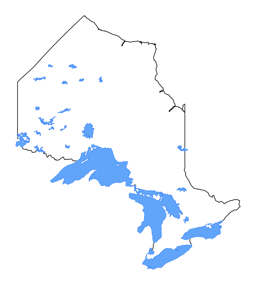 Mapa de contorno de Ontario, Canada con lagos y ríos.