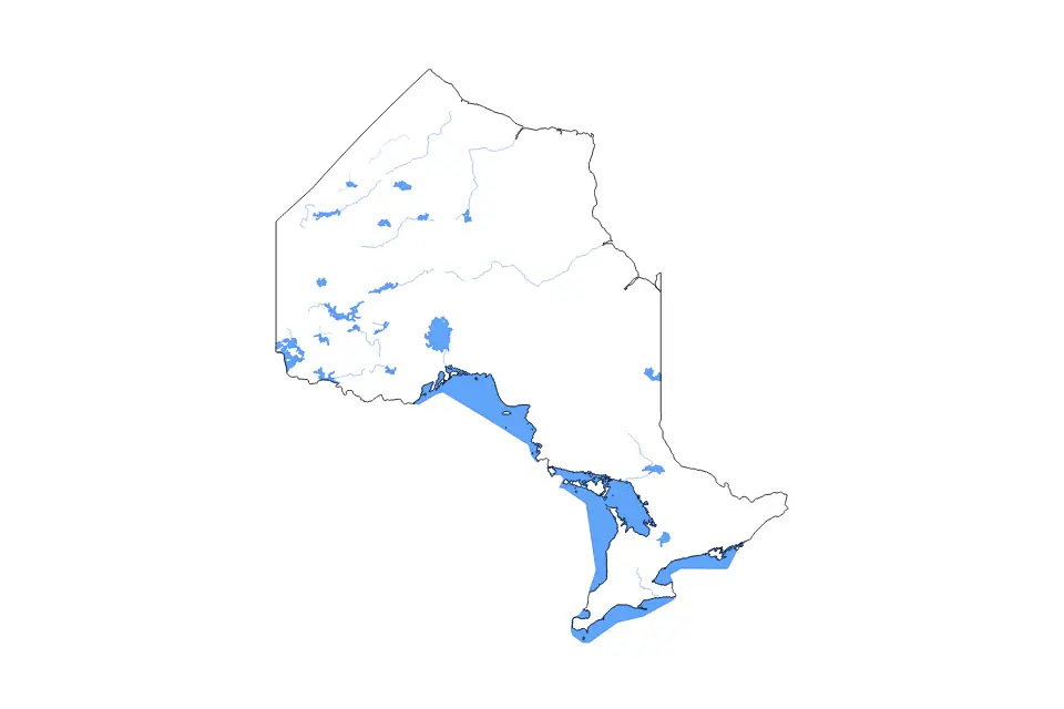Outline map of Ontario, Canada with subdivision borders and major lakes and rivers.