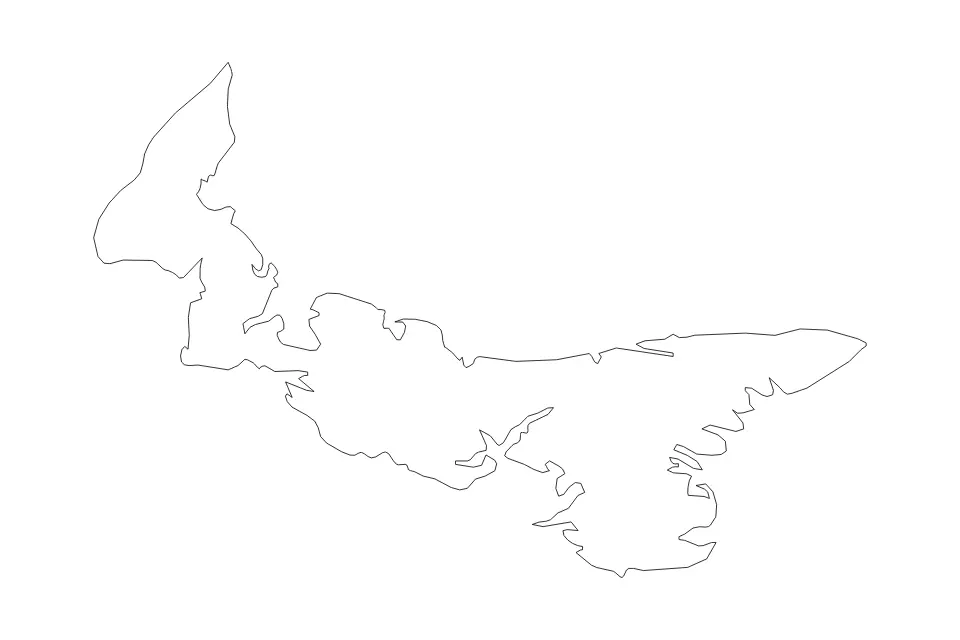 Outline map of Prince Edward Island, Canada with subdivision borders.