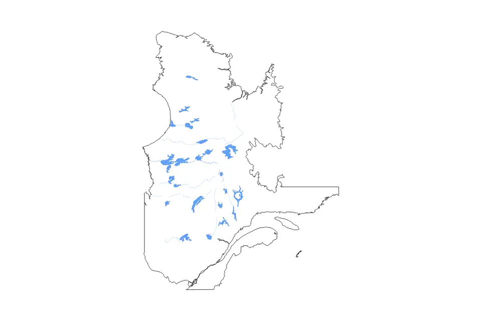 Outline map of Quebec, Canada with subdivision borders and major lakes and rivers.