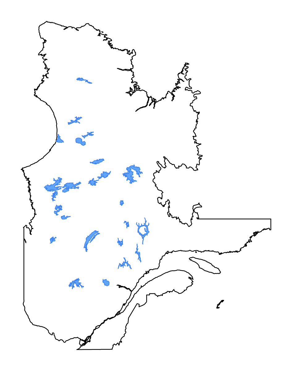 Mapa de contorno de Quebec, Canada con lagos y ríos.