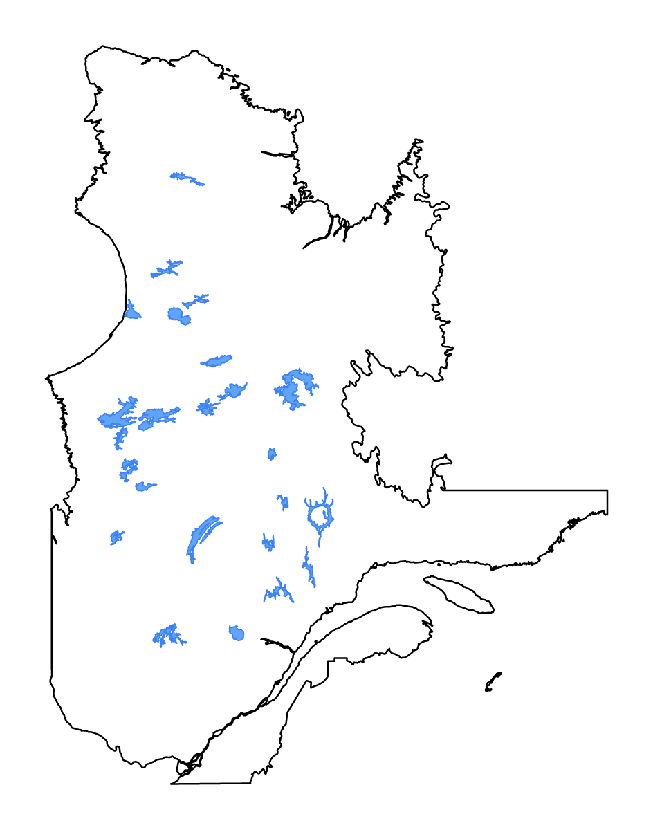 Mapa de contorno de Quebec, Canada con lagos y ríos.
