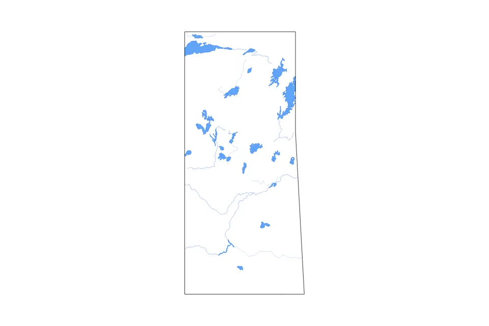 Outline map of Saskatchewan, Canada with subdivision borders and major lakes and rivers.