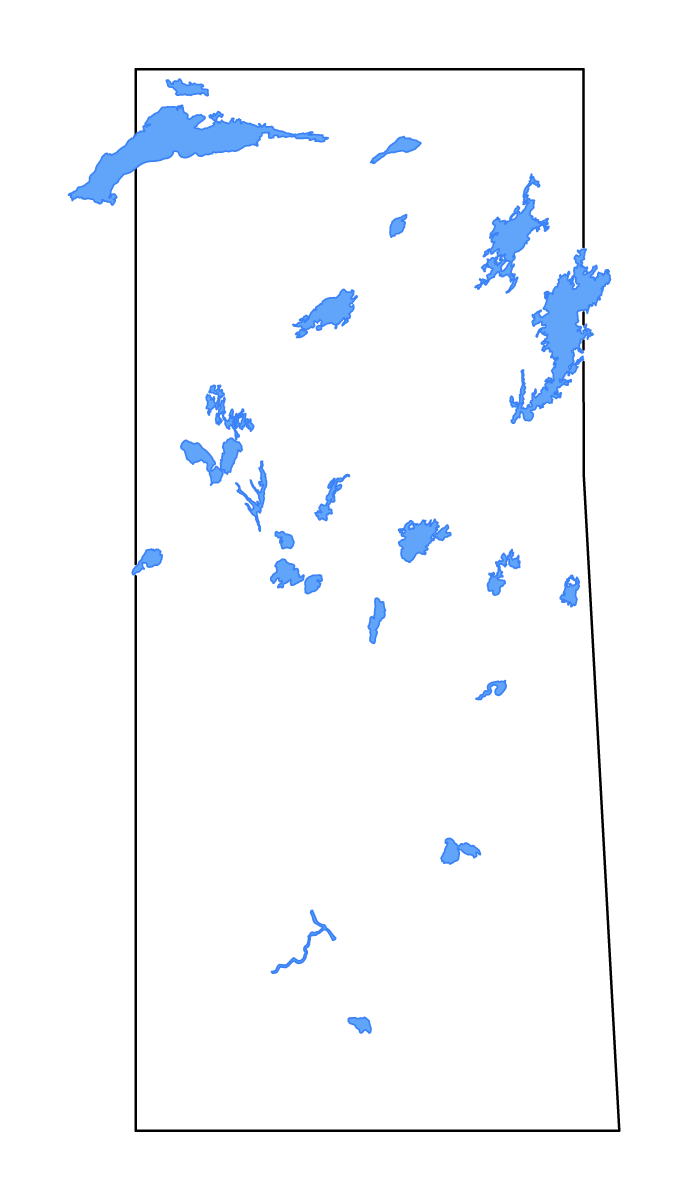 Mapa de contorno de Saskatchewan, Canada con lagos y ríos.