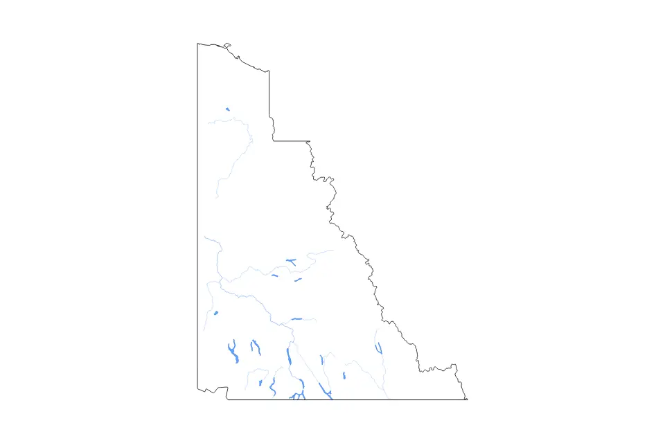 Outline map of Yukon, Canada with subdivision borders and major lakes and rivers.