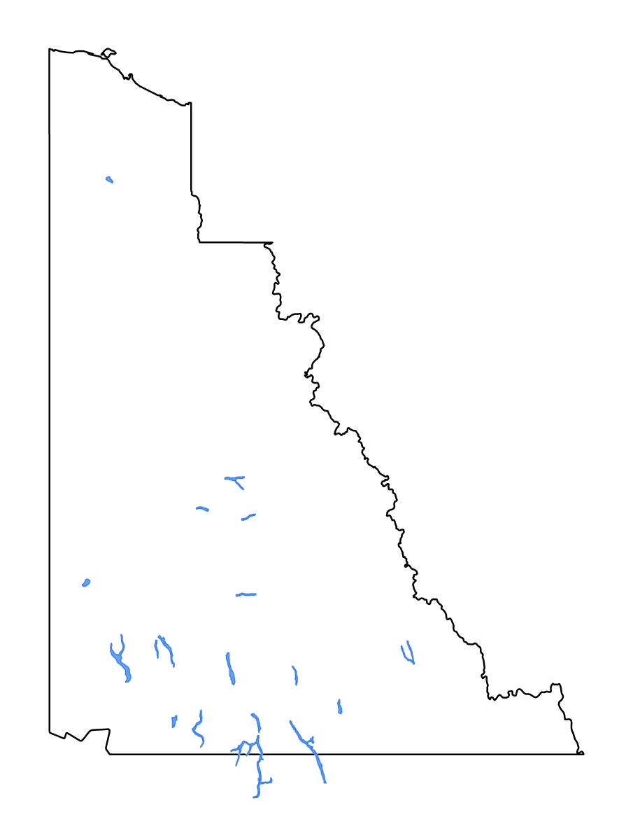 Mapa de contorno de Yukon, Canada con lagos y ríos.