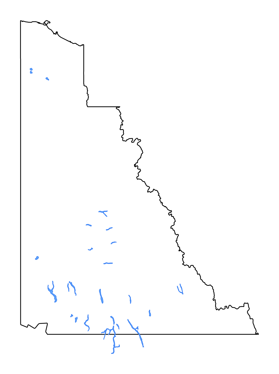 Mapa de contorno de Yukon, Canada con lagos y ríos.