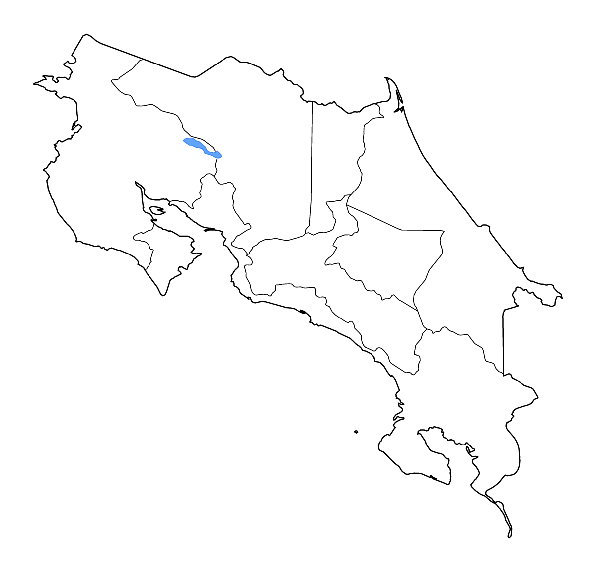 Mapa de contorno de Costa Rica con límites administrativos internos, lagos y ríos.