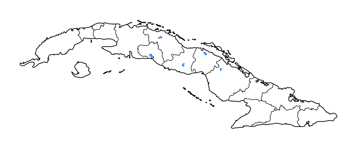 Mapa de contorno de Cuba con límites administrativos internos, lagos y ríos.