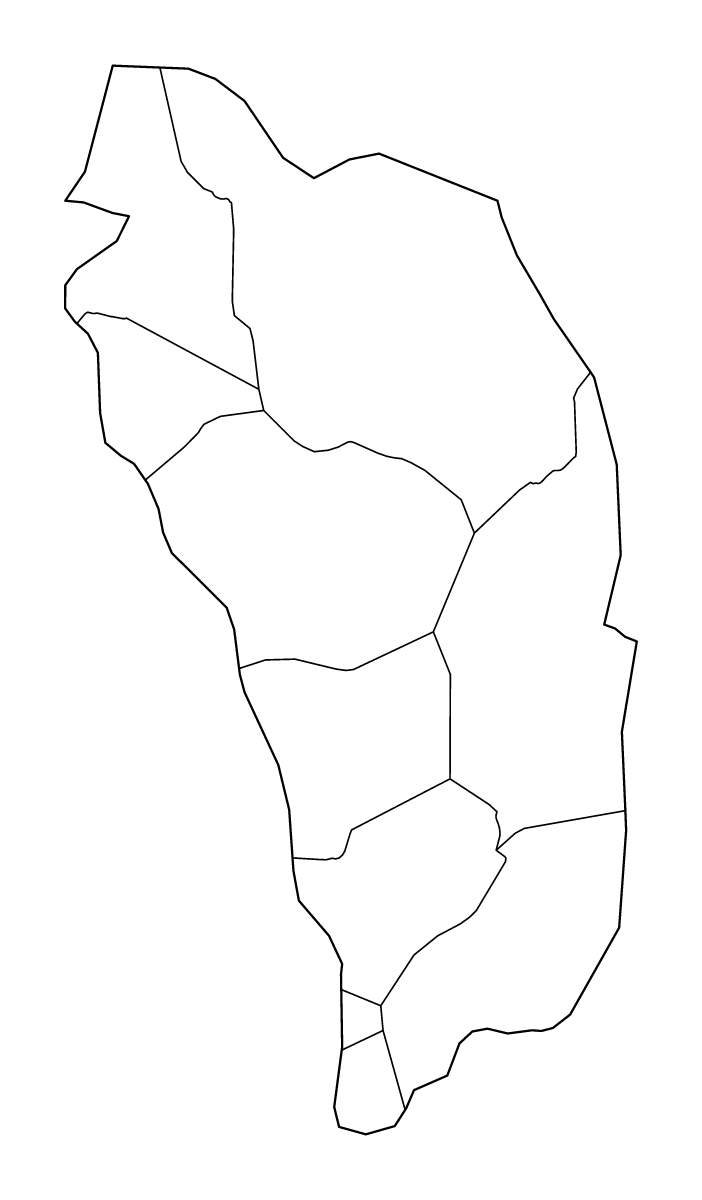 Mapa de contorno de Dominica con límites administrativos internos.