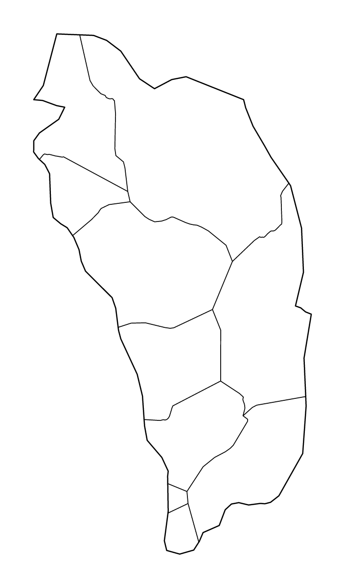 Carte de contour de Dominica avec limites administratives internes.