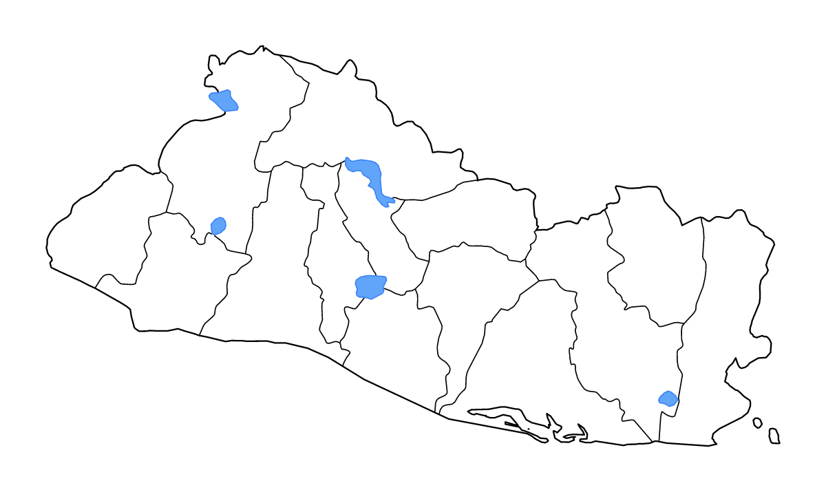 Carte de contour de El Salvador avec limites administratives internes, lacs et rivières.