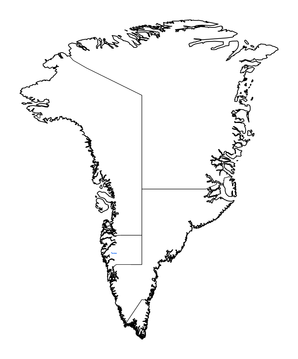 Mapa de contorno de Greenland con límites administrativos internos, lagos y ríos.