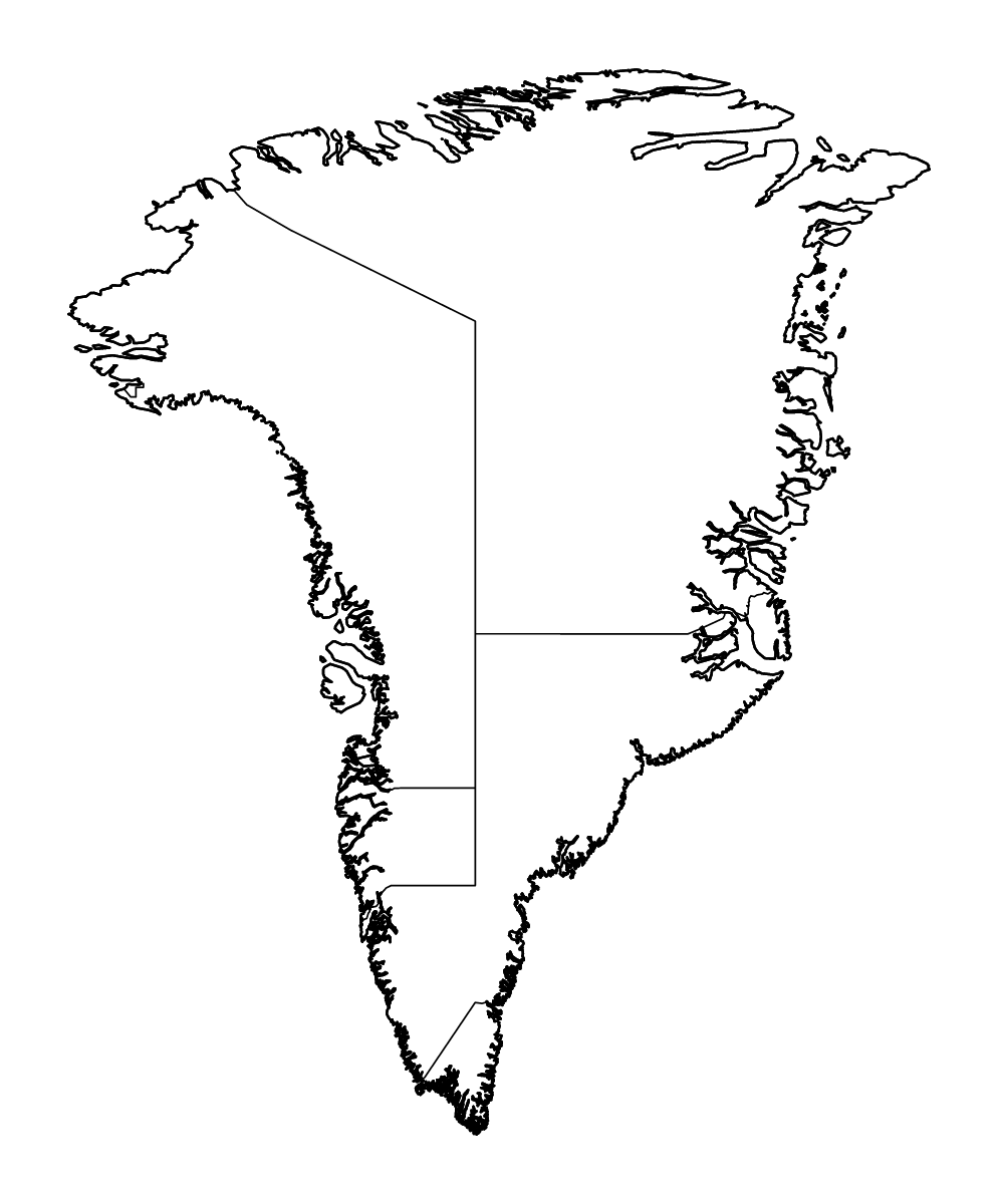 Carte de contour de Greenland avec limites administratives internes et rivières.