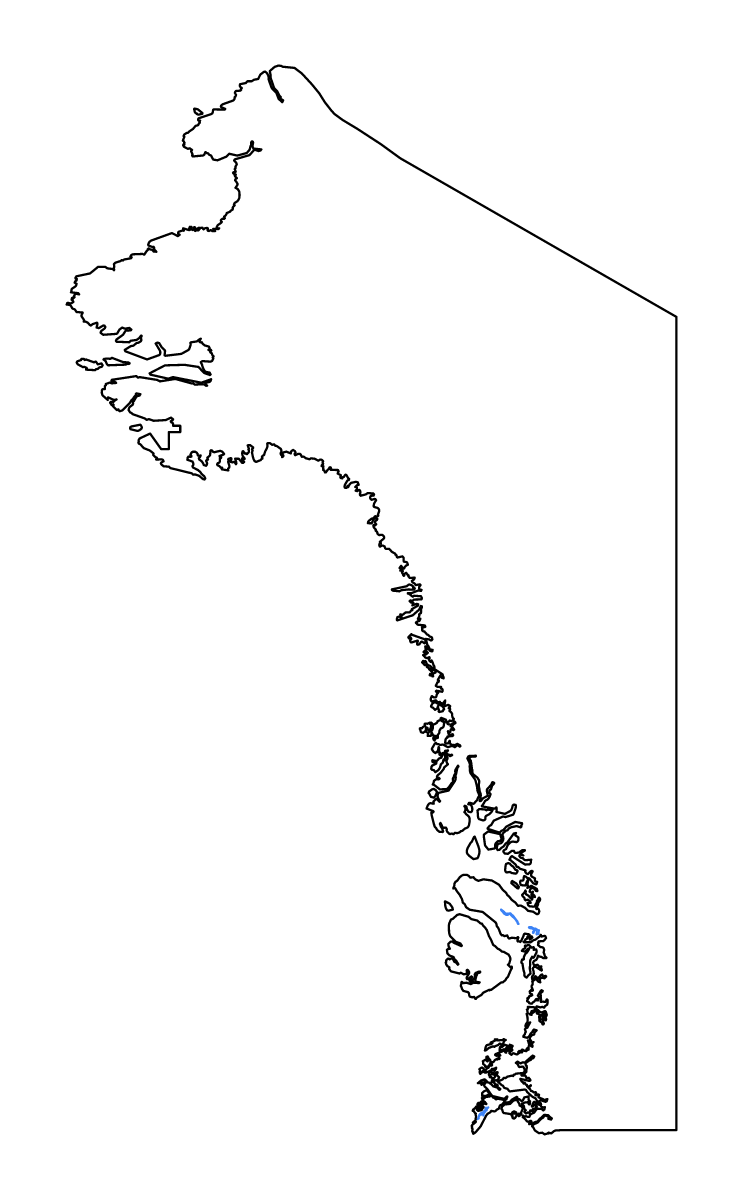 Mapa de contorno de Qaasuitsup, Greenland con lagos y ríos.