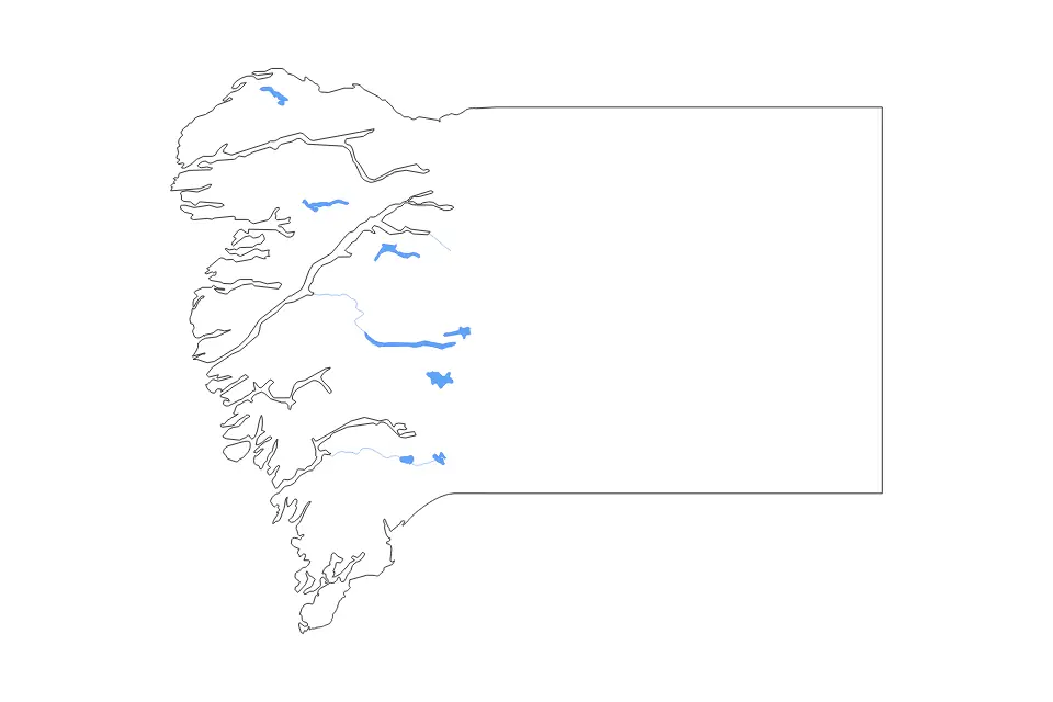 Outline map of Qeqqata Lansdele, Greenland with subdivision borders and major lakes and rivers.