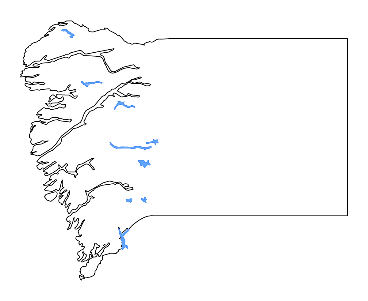 Mapa de contorno de Qeqqata, Greenland con lagos y ríos.