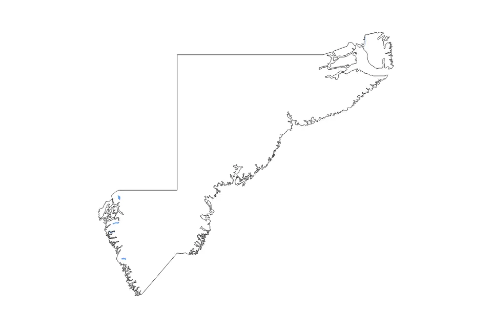 Outline map of Sermersooq Lansdele, Greenland with subdivision borders and major lakes and rivers.