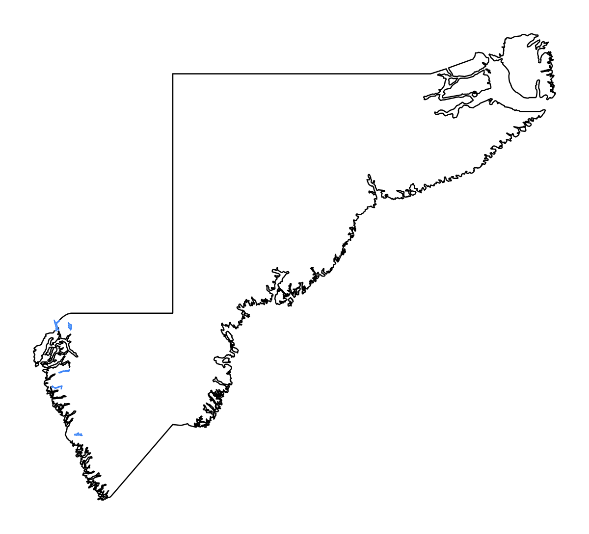 Mapa de contorno de Sermersooq, Greenland con lagos y ríos.