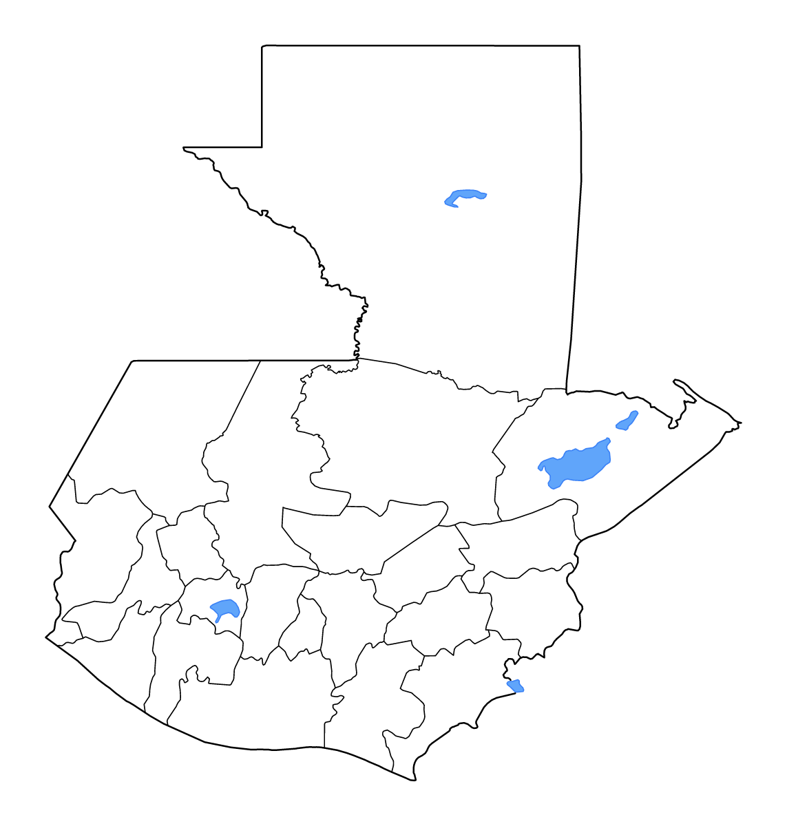 Mapa de contorno de Guatemala (país) con límites administrativos internos, lagos y ríos.