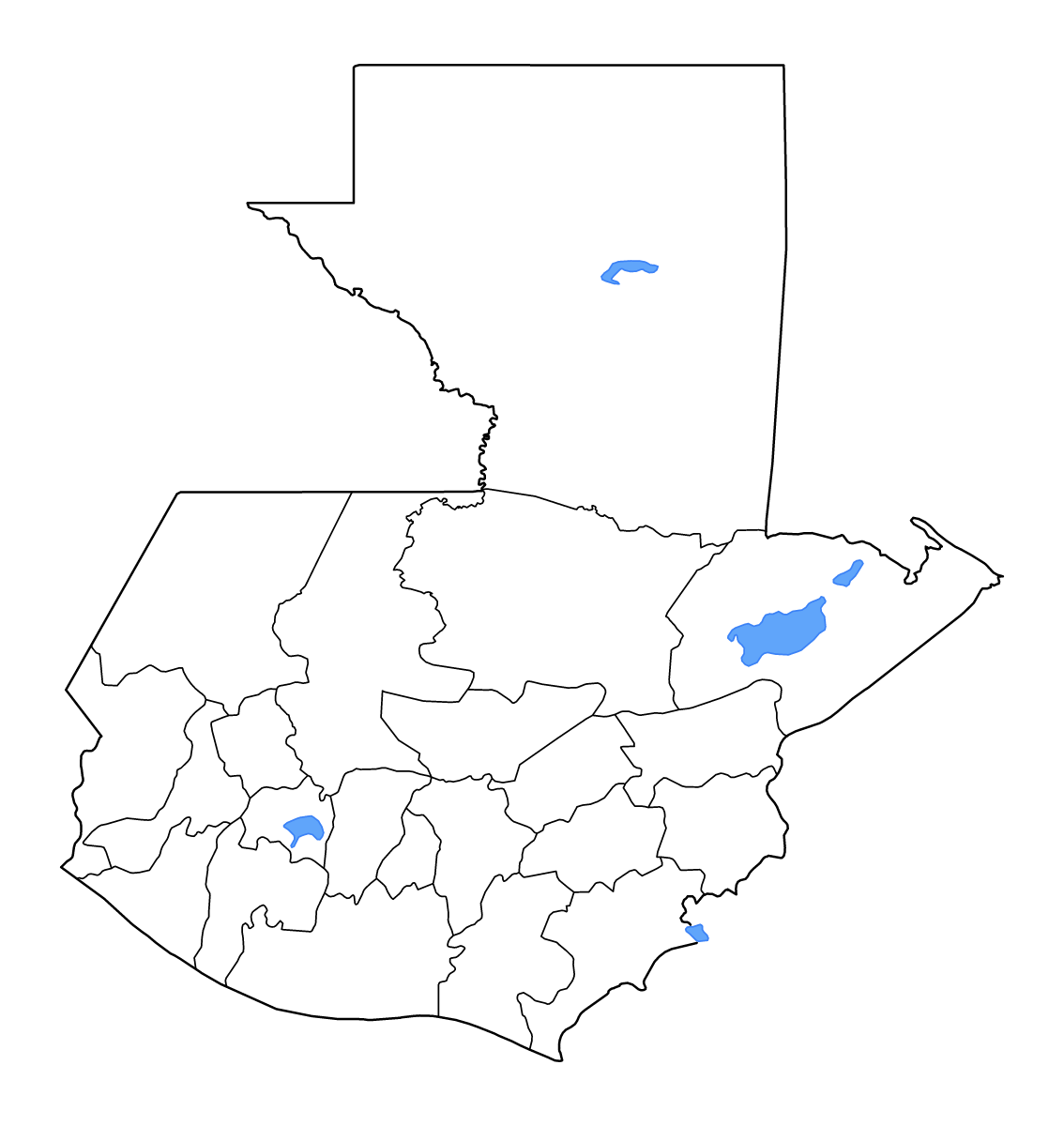 Mapa de contorno de Guatemala (país) con límites administrativos internos, lagos y ríos.