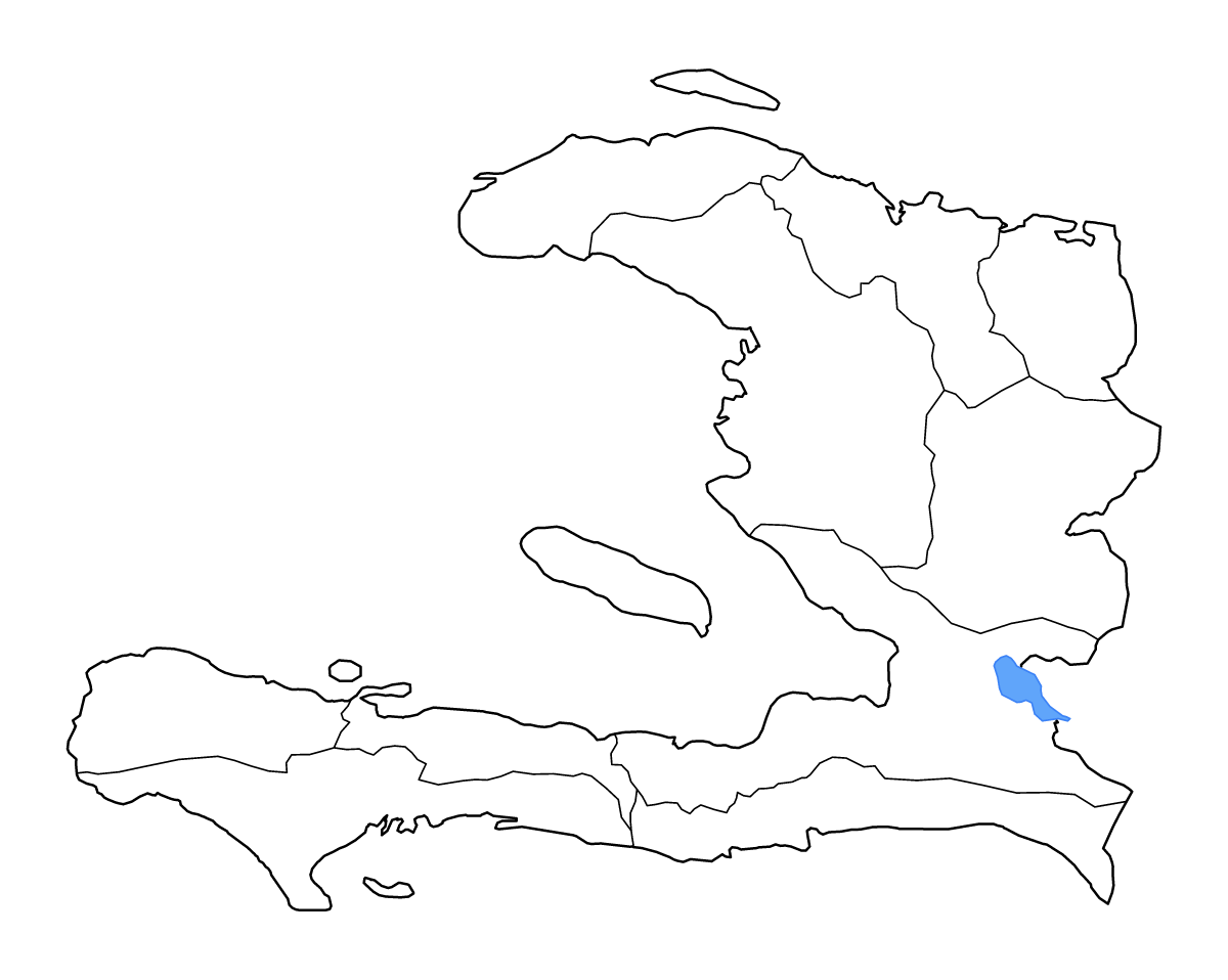 Mapa de contorno de Haiti con límites administrativos internos, lagos y ríos.
