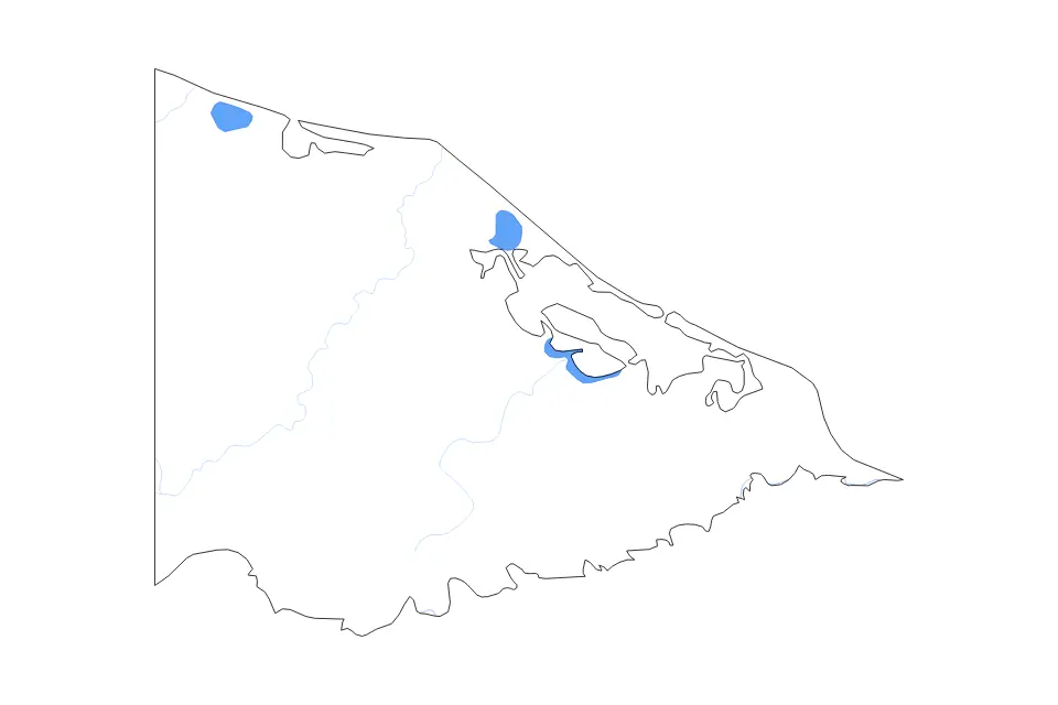 Outline map of Gracias a Dios Department, Honduras with subdivision borders and major lakes and rivers.