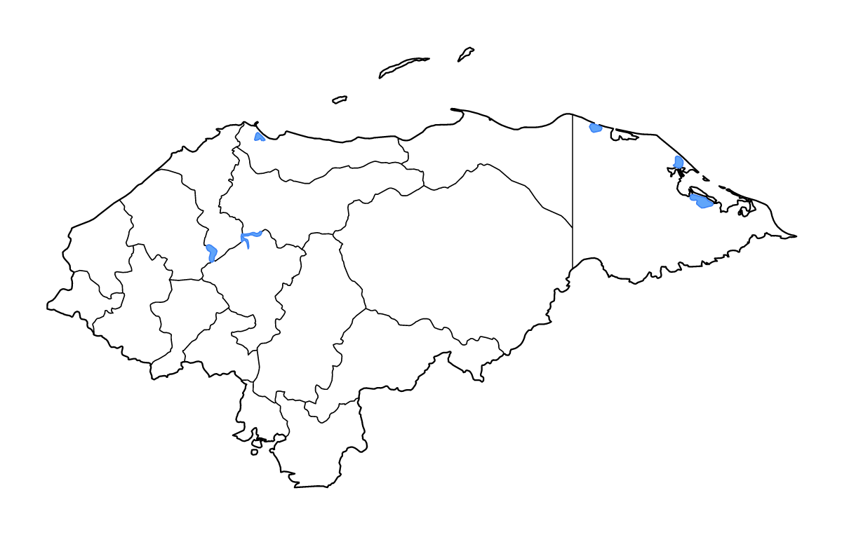 Carte de contour de Honduras avec limites administratives internes, lacs et rivières.
