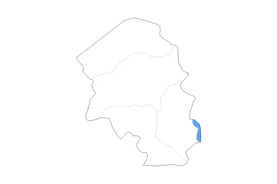 Outline map of Santa Bárbara Department, Honduras with subdivision borders and major lakes and rivers.