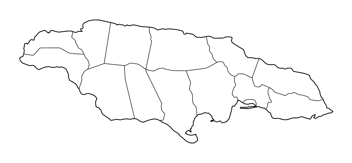 Mapa de contorno de Jamaica con límites administrativos internos y ríos.