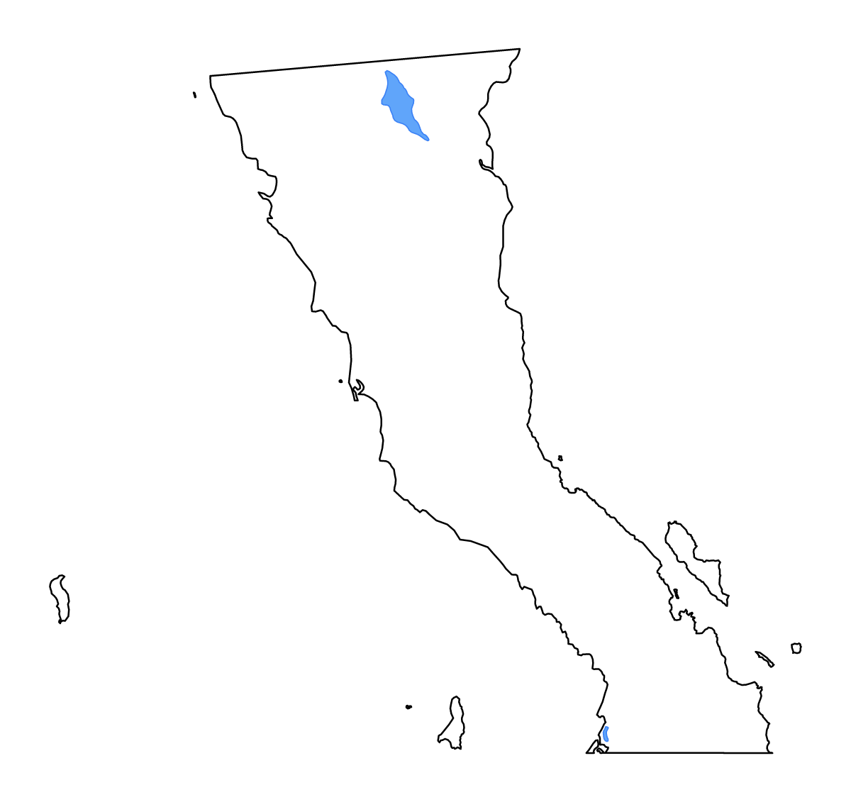 Mapa de contorno de Baja California, Mexico con lagos y ríos.