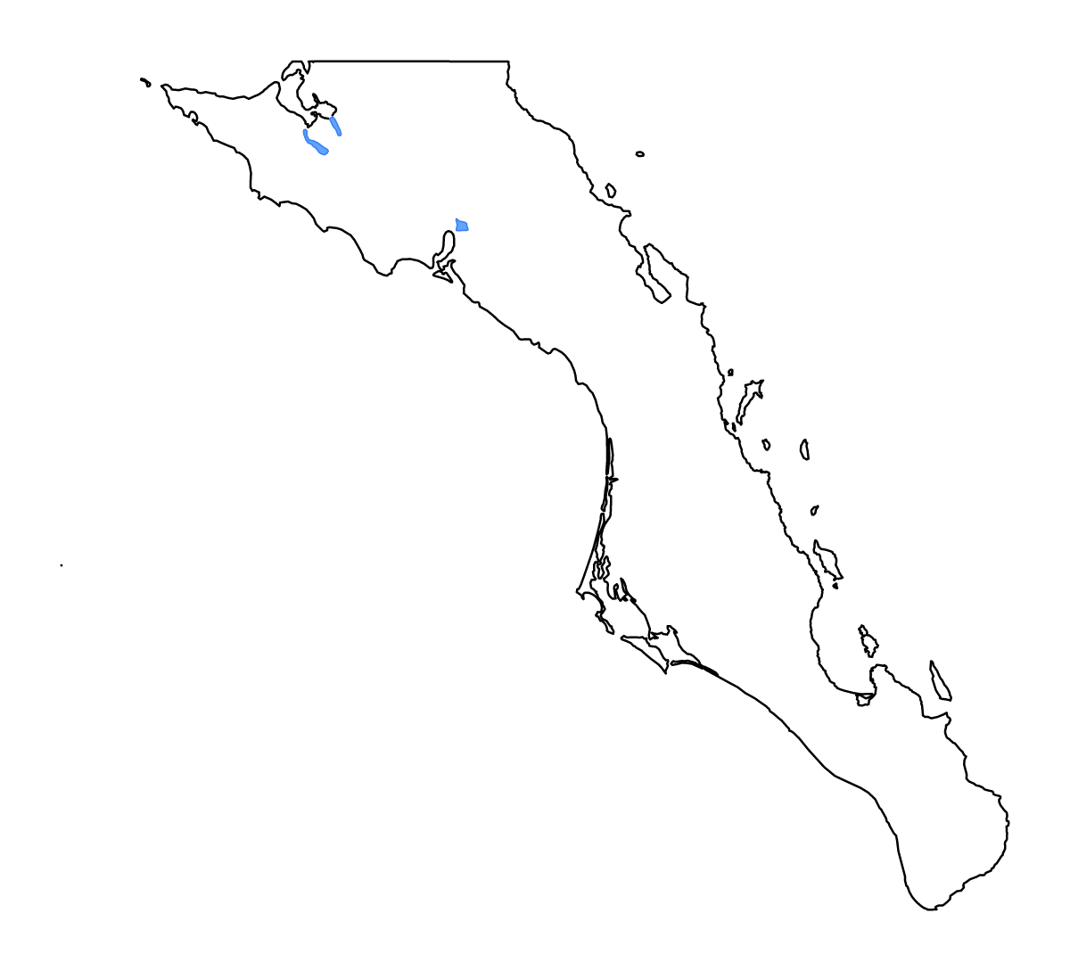 Mapa de contorno de Baja California Sur, Mexico con lagos y ríos.