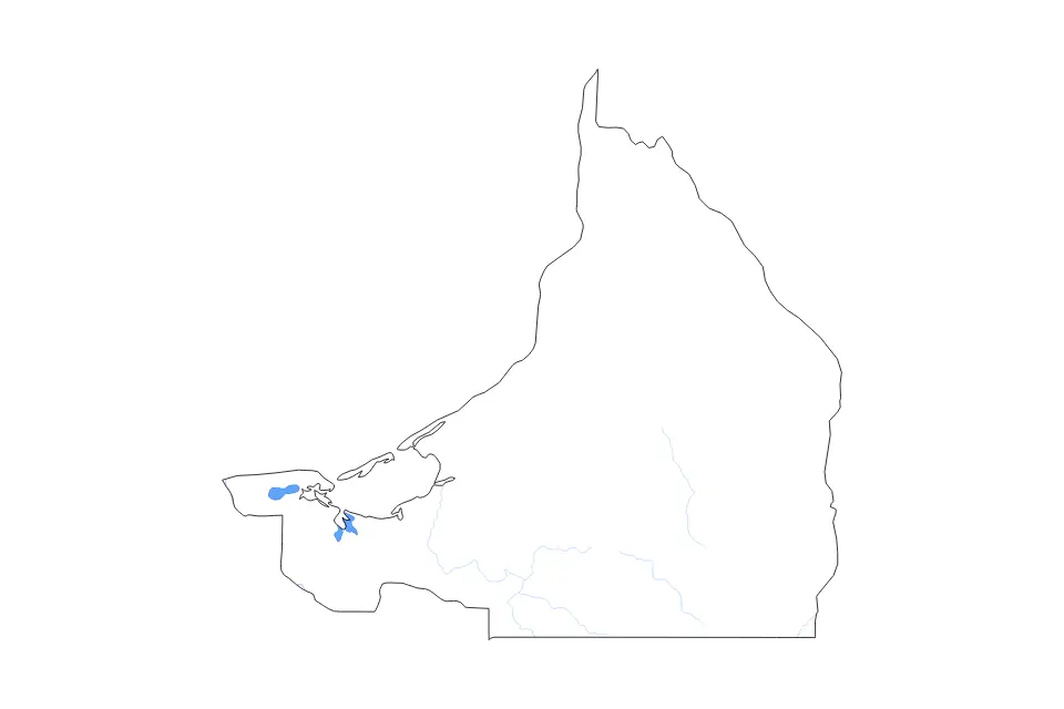 Outline map of Campeche, Mexico with subdivision borders and major lakes and rivers.