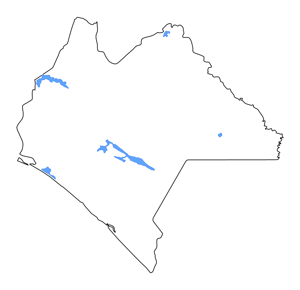 Mapa de contorno de Chiapas, Mexico con lagos y ríos.