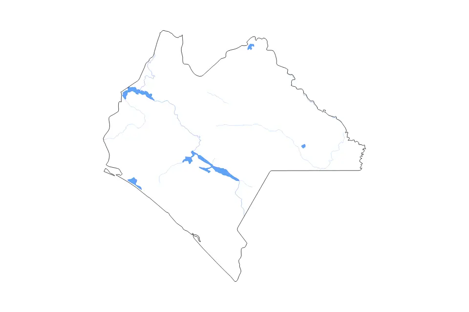 Outline map of Chiapas, Mexico with subdivision borders and major lakes and rivers.
