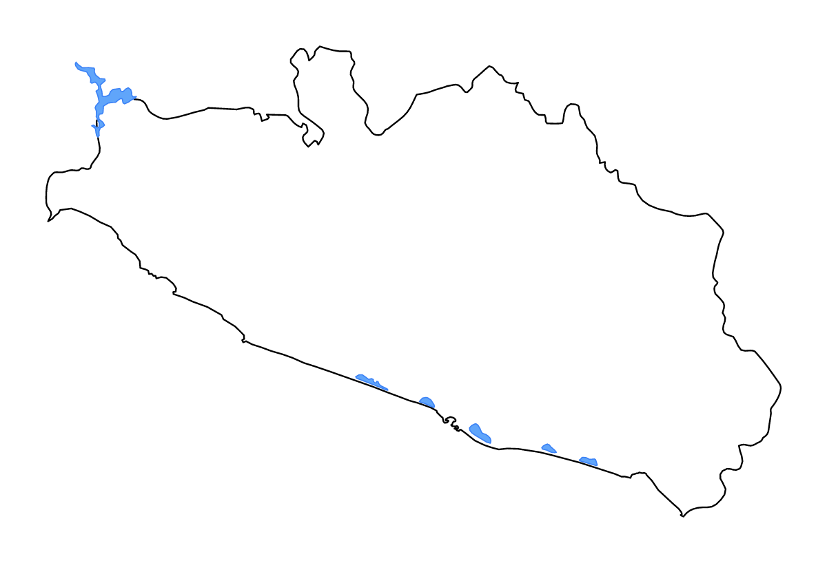 Mapa de contorno de Guerrero, Mexico con lagos y ríos.
