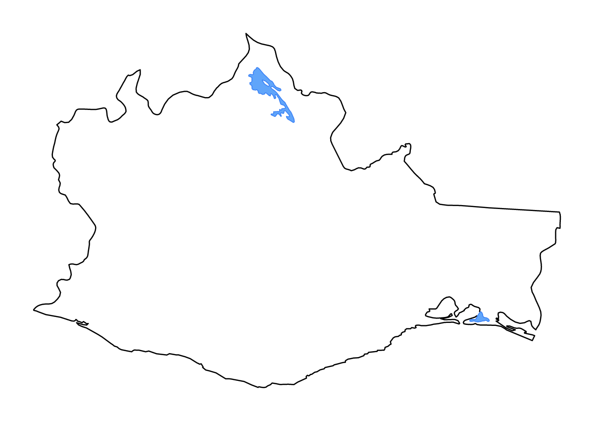 Mapa de contorno de Oaxaca, Mexico con lagos y ríos.