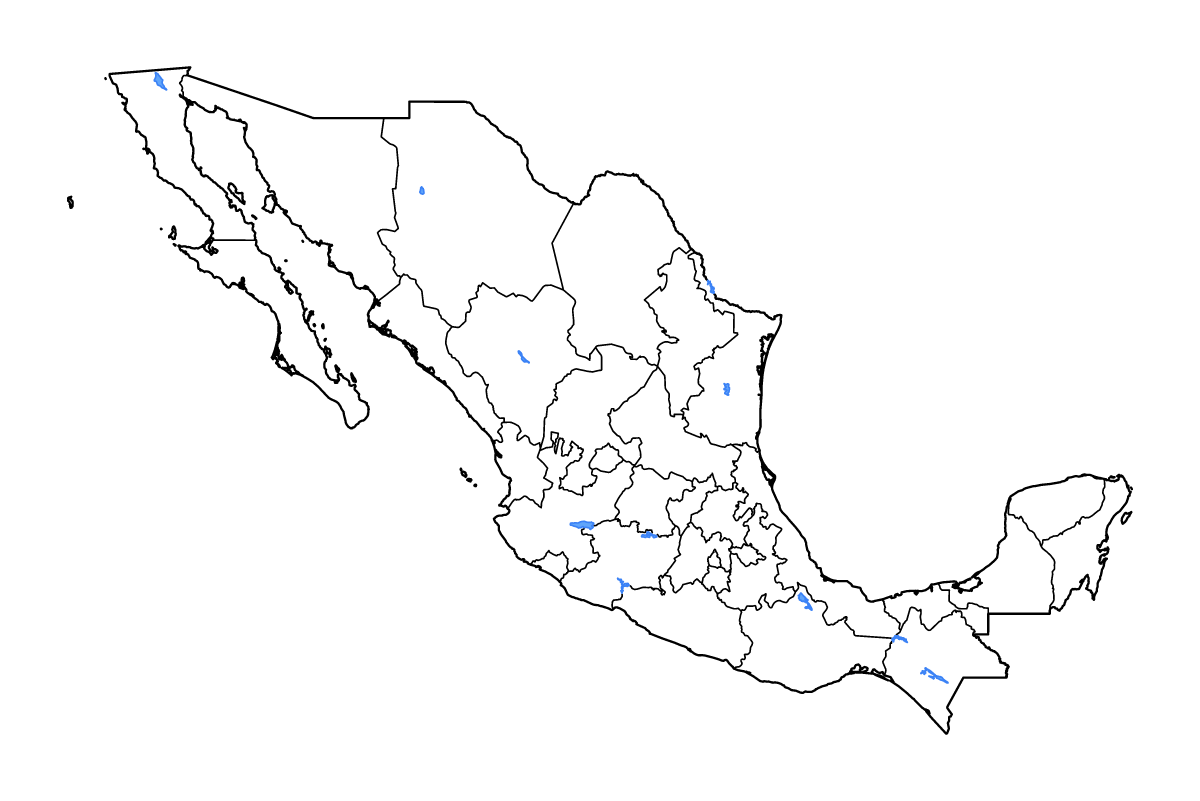 Mapa de contorno de Mexico (país) con límites administrativos internos, lagos y ríos.