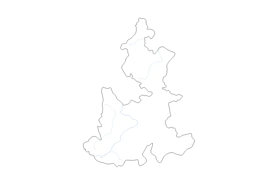 Outline map of Puebla, Mexico with subdivision borders and rivers.