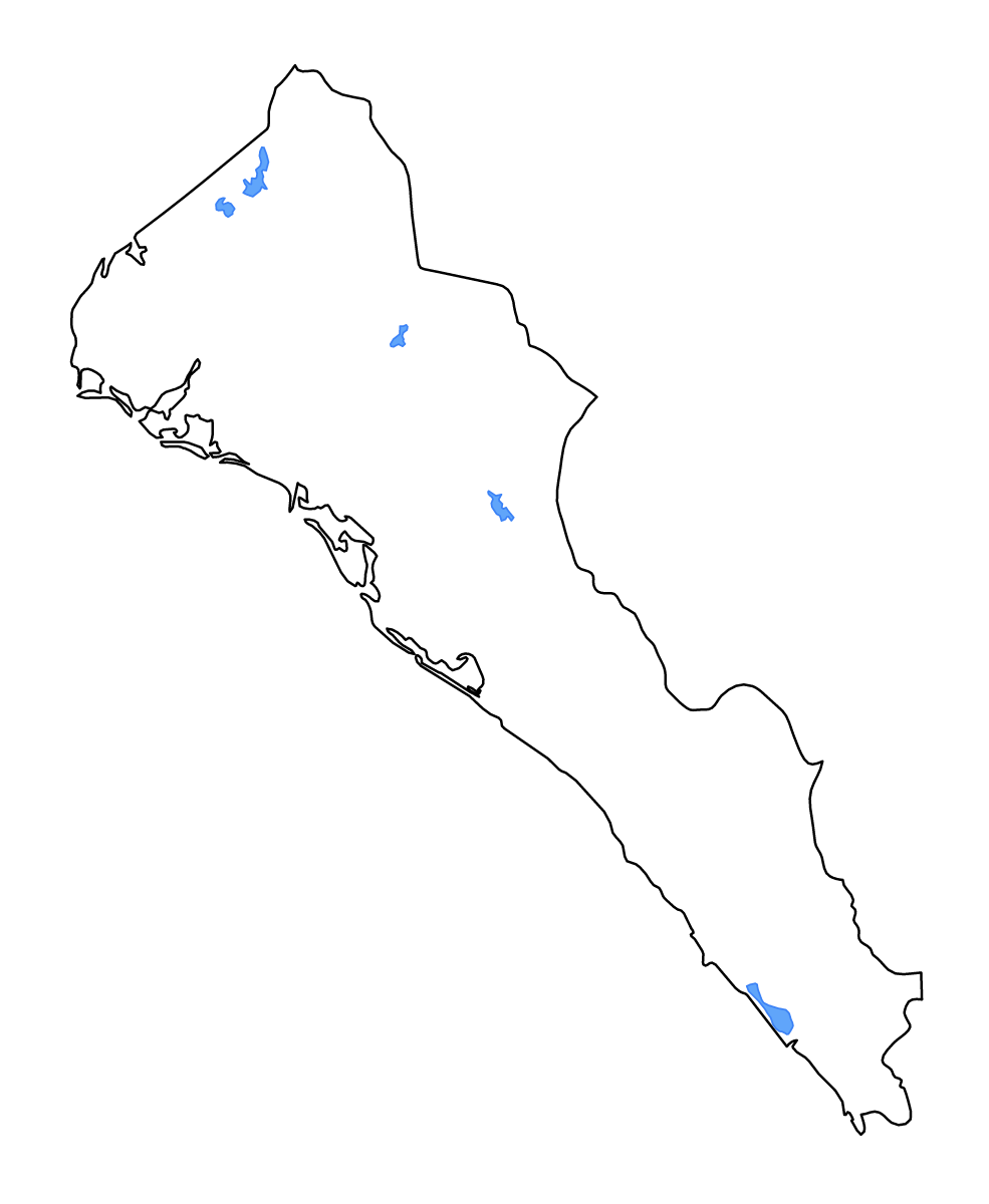 Mapa de contorno de Sinaloa, Mexico con lagos y ríos.
