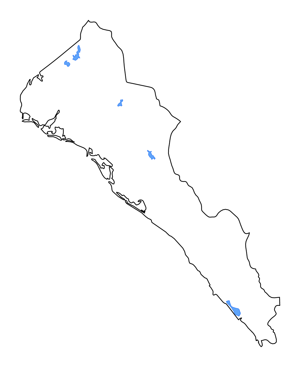 Outline map of Sinaloa, Mexico with lakes and rivers.