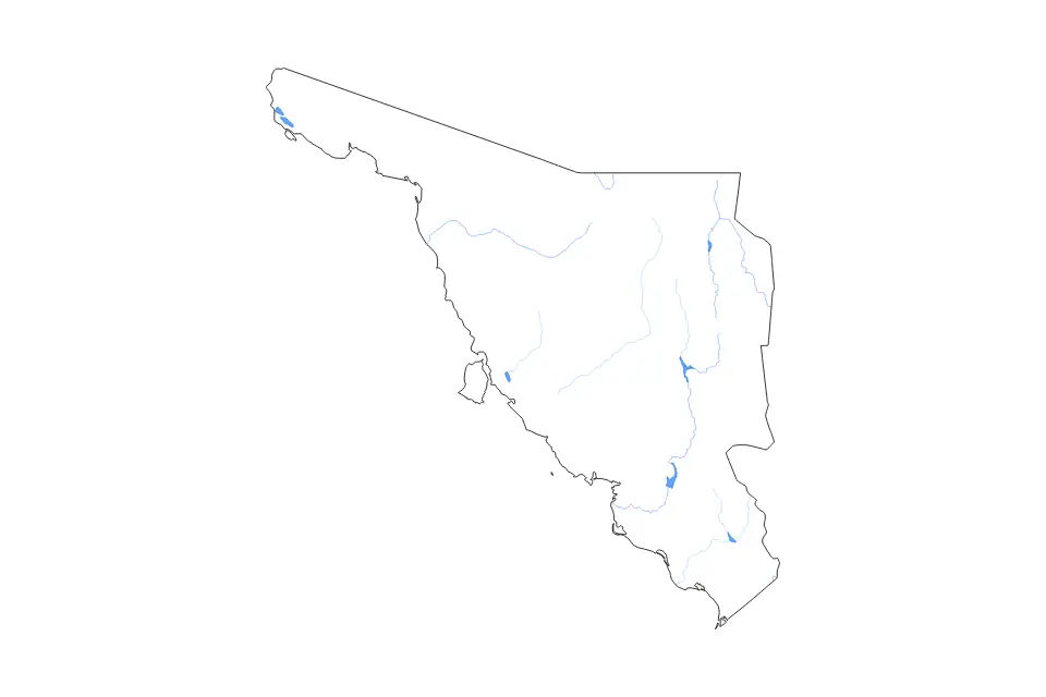 Outline map of Sonora, Mexico with subdivision borders and major lakes and rivers.