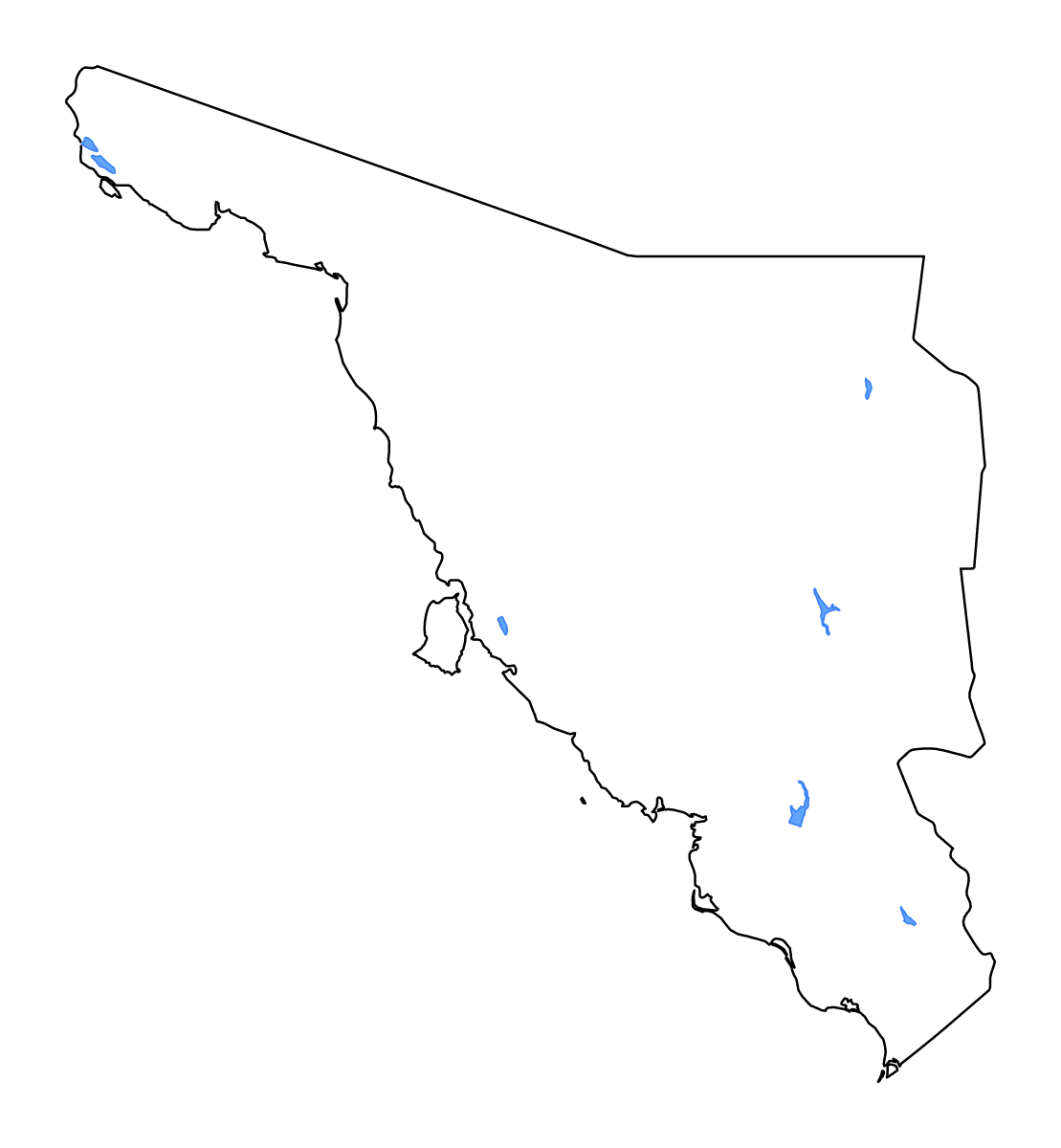 Mapa de contorno de Sonora, Mexico con lagos y ríos.