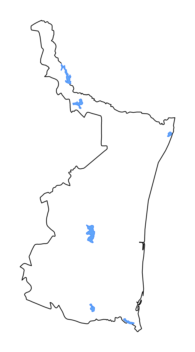 Mapa de contorno de Tamaulipas, Mexico con lagos y ríos.