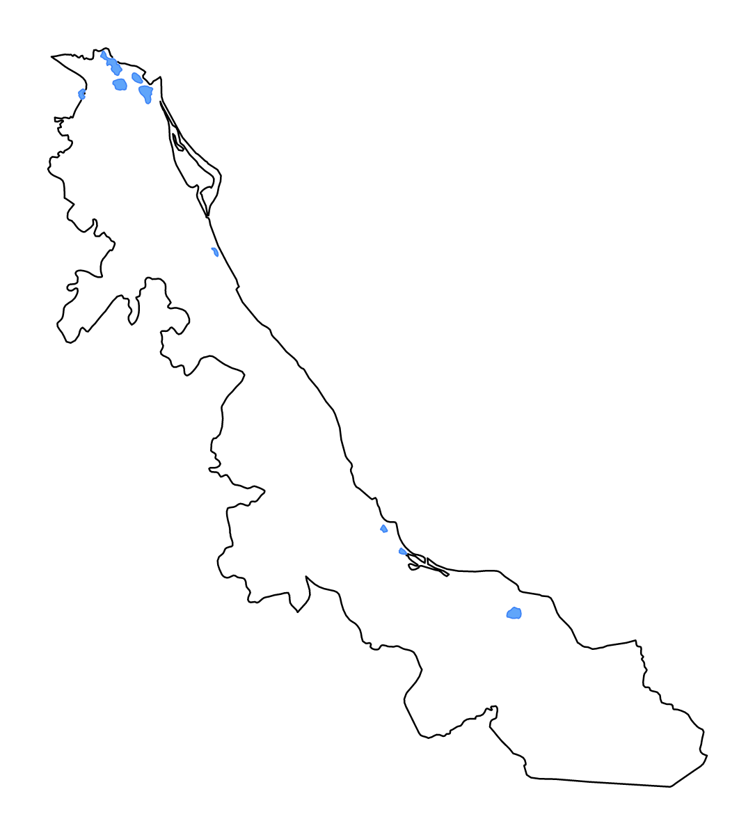 Mapa de contorno de Veracruz, Mexico con lagos y ríos.