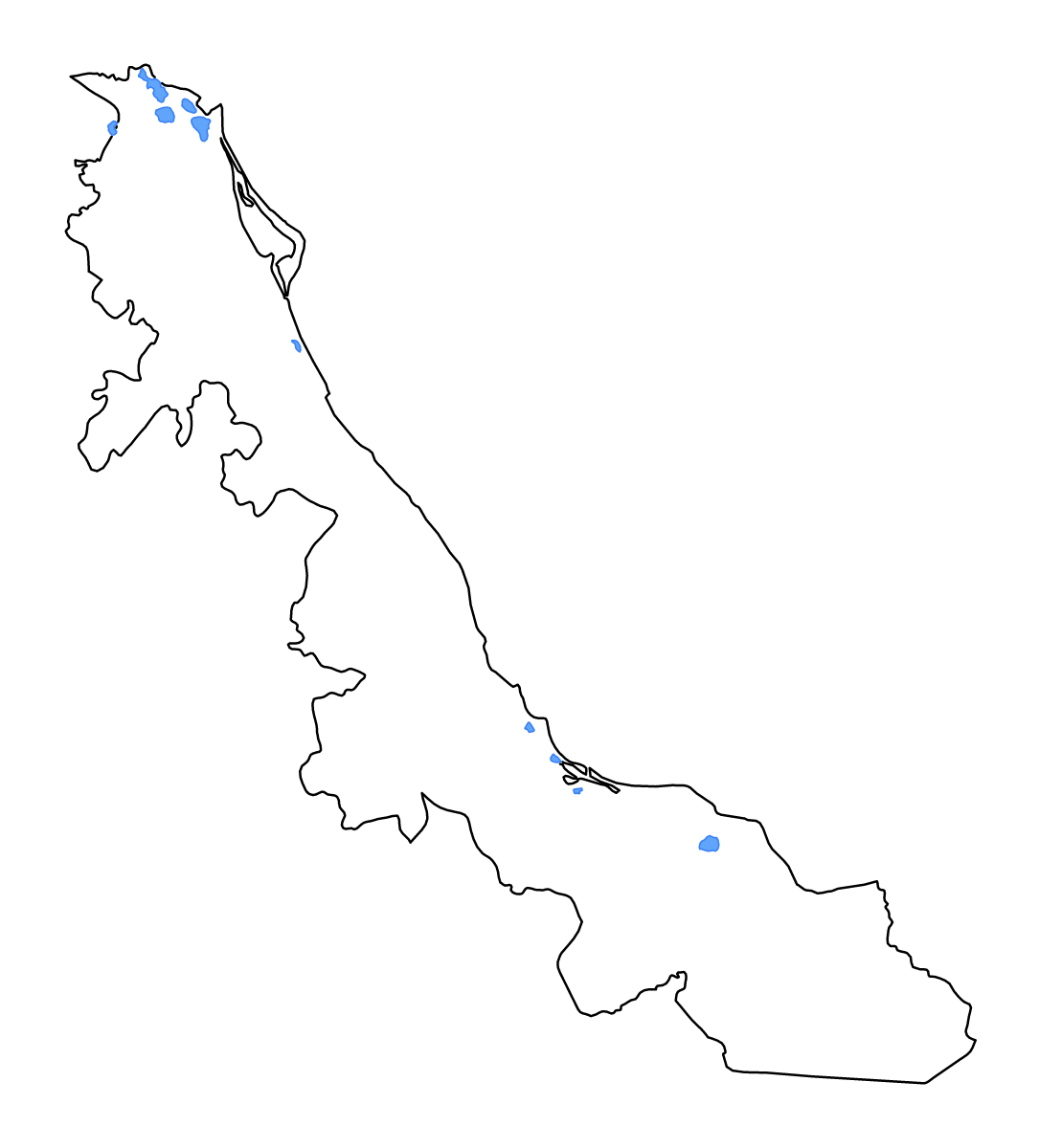 Mapa de contorno de Veracruz, Mexico con lagos y ríos.