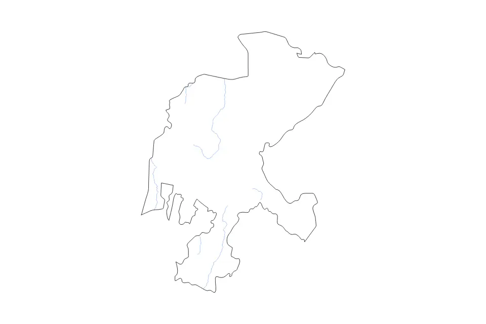 Outline map of Zacatecas, Mexico with subdivision borders and rivers.